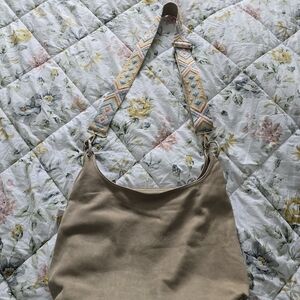 Neutral Beige Leather Shoulder Bag with Embroidered Strap